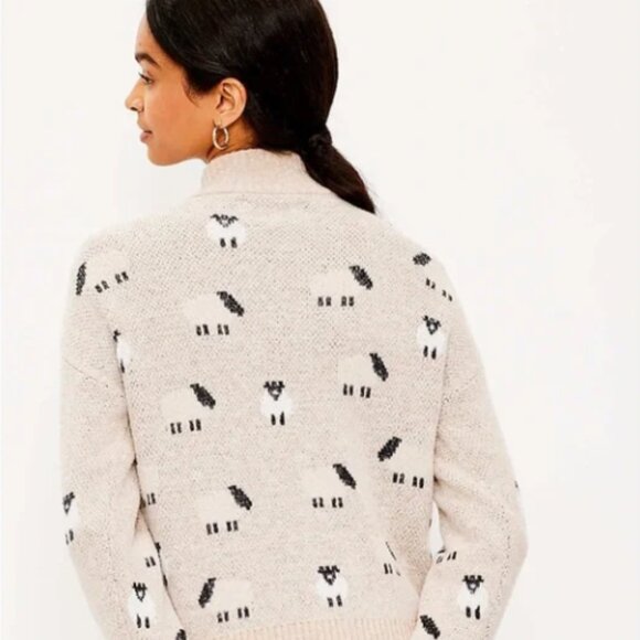 Cozy Tan Sheep Pattern Wool-Blend Half-Zip Sweater LOFT - Picture 2 of 6